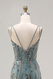 Robe longue de bal de promo scintillante gris vert perlée à paillettes