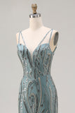Robe longue de bal de promo scintillante gris vert perlée à paillettes