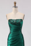 Robe de bal longue de bal sans bretelles en sirène vert foncé à paillettes