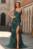 Robe de soirée longue sirène vert foncé à paillettes
