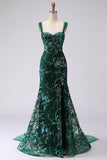 Robe de bal longue de bal en laille de sirène vert foncé vert foncé en lailettes