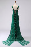 Robe de bal longue de bal en laille de sirène vert foncé vert foncé en lailettes