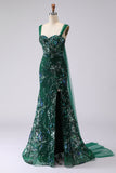Robe de bal longue de bal en laille de sirène vert foncé vert foncé en lailettes