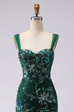 Robe de bal longue de bal en laille de sirène vert foncé vert foncé en lailettes