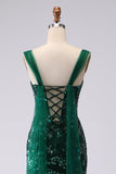 Robe de bal longue de bal en laille de sirène vert foncé vert foncé en lailettes