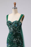 Robe de bal longue de bal en laille de sirène vert foncé vert foncé en lailettes