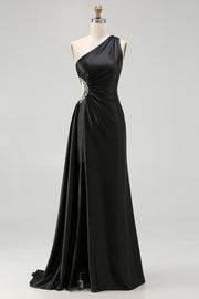 Robe de bal longue sirène noire découpée à une épaule avec fente