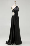 Robe de bal longue sirène noire découpée à une épaule avec fente