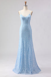 Robe de bal longue robe de bal avec des bretelles de sirène bleu ciel à bretelles fines