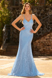 Robe de bal longue de bal en dentelle perlée bleu ciel bleu avec paillettes