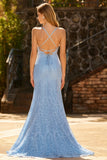 Robe de bal longue de bal en dentelle perlée bleu ciel bleu avec paillettes