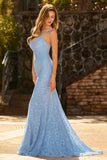 Robe de bal longue de bal en dentelle perlée bleu ciel bleu avec paillettes