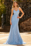 Robe de bal longue de bal en dentelle perlée bleu ciel bleu avec paillettes