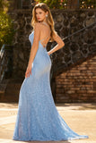 Robe de bal longue de bal en dentelle perlée bleu ciel bleu avec paillettes