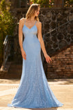 Robe de bal longue de bal en dentelle perlée bleu ciel bleu avec paillettes