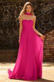 Fuchsia A Ligne Ligne Anneau en tulle plissé et robe longue de bal avec serpentin