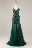 Robe de soirée longue fourreau vert foncé scintillante avec paillettes