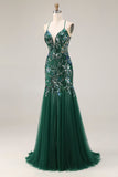 Robe de soirée longue fourreau vert foncé scintillante avec paillettes