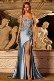 Robe de bal de bal en satin avec longues bretelles en satin appliquée en sirène gris-bleu avec fente