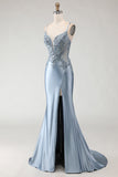 Robe de bal longue en satin appliquée à bretelles de sirène gris-bleu avec fente