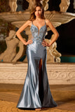 Robe de bal de bal en satin avec longues bretelles en satin appliquée en sirène gris-bleu avec fente