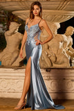Robe de bal de bal en satin avec longues bretelles en satin appliquée en sirène gris-bleu avec fente