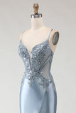 Robe de bal longue en satin appliquée à bretelles de sirène gris-bleu avec fente