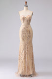 Champagne Sirène Bustier perlée à sequins et longue robe de bal avec dentelle dans le dos