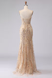 Champagne Sirène Bustier perlée à sequins et longue robe de bal avec dentelle dans le dos