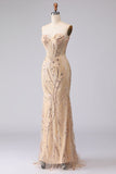 Champagne Sirène Bustier perlée à sequins et longue robe de bal avec dentelle dans le dos