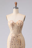 Champagne Sirène Bustier perlée à sequins et longue robe de bal avec dentelle dans le dos