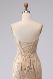 Champagne Sirène Bustier perlée à sequins et longue robe de bal avec dentelle dans le dos