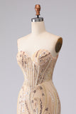 Champagne Sirène Bustier perlée à sequins et longue robe de bal avec dentelle dans le dos