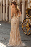 Champagne Sirène Bustier perlée à sequins et longue robe de bal avec dentelle dans le dos