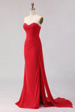 Robe de bal longue en satin perlée bustier sirène rouge avec fente