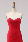 Robe de bal longue en satin perlée bustier sirène rouge avec fente