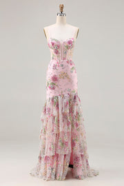 Robe de bal longue à volants à volants à étages en sirène rose et paillettes