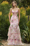 Robe de bal longue de bal à paillettes à volants à fleurs florales bleues