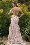 Robe de bal longue de bal à paillettes à volants à fleurs florales bleues