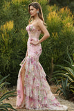 Robe de bal longue à fleurs à volants en paillettes, sirène rose avec fente
