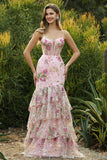Robe de bal longue à fleurs à volants en paillettes, sirène rose avec fente