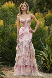Robe de bal longue de bal à paillettes à volants à fleurs florales bleues