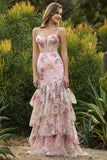 Robe de bal longue de bal à paillettes à volants à fleurs florales bleues