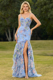 Robe de bal longue à fleurs à volants en paillettes, sirène rose avec fente