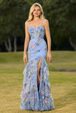 Robe de bal longue de bal à paillettes à volants à fleurs florales bleues