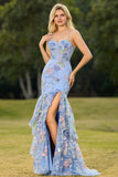 Robe de bal longue à fleurs à volants en paillettes, sirène rose avec fente