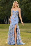 Robe de bal longue à fleurs à volants en paillettes, sirène rose avec fente