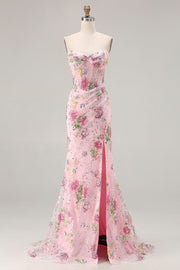 Corset sans bretelles scintillant, robe de bal rose à sequins appliqués avec une longue robe de bal avec fente