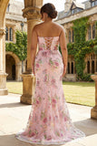 Corset sans bretelles rose à la sirène florale longue robe de bal grande taille avec fente