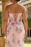 Corset sans bretelles rose à la sirène florale longue robe de bal grande taille avec fente